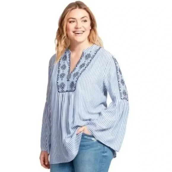 Ann Taylor LOFT Blue & White Stripe Embroidered Bell Sleeve Long Sleeve XSP - Picture 1 of 4